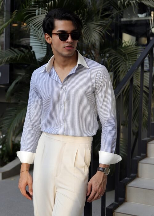 Blue Contrast-Collar Stripe Shirt