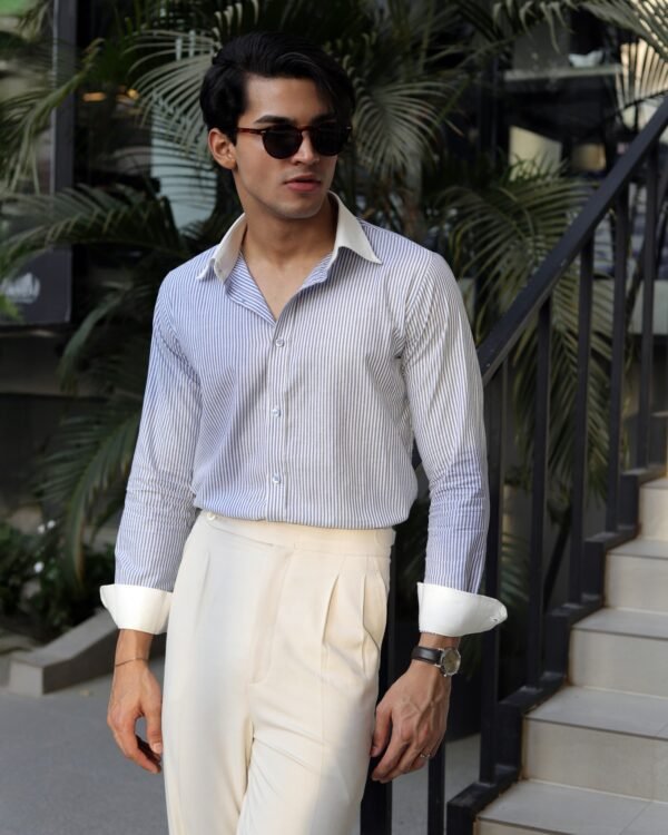Blue Contrast-Collar Stripe Shirt