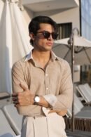 Light Beige Contrast-Collar Stripe Shirt