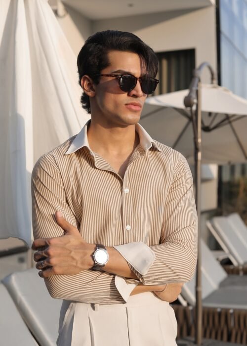 Light Beige Contrast-Collar Stripe Shirt