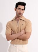Beige Textured Zipper Polo