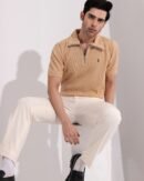 Beige Textured Zipper Polo