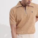 Beige Textured Zipper Polo