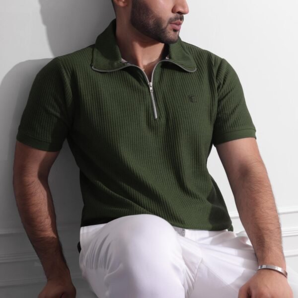 Green Textured Zipper Polo - Image 3
