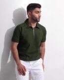 Green Textured Zipper Polo