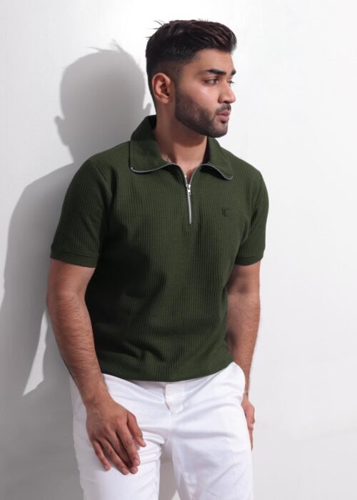 Green Textured Zipper Polo