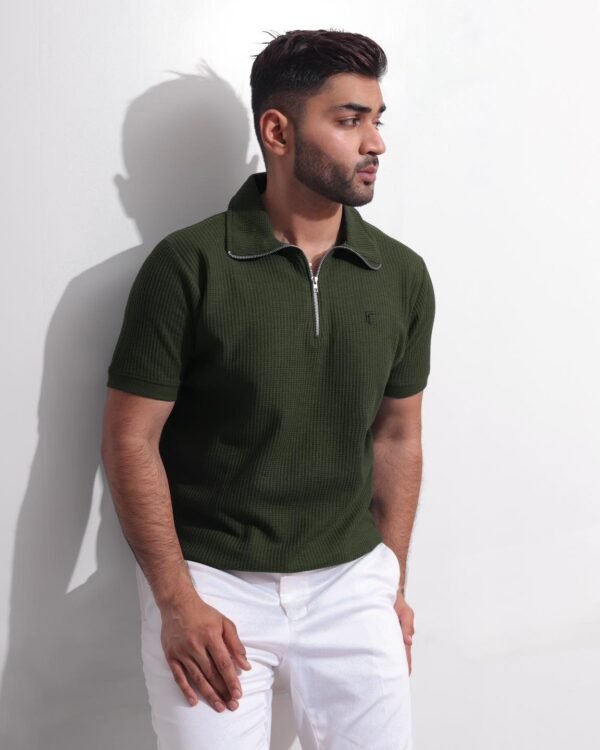Green Textured Zipper Polo