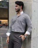 Black Contrast-Collar Stripe Shirt