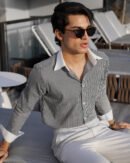 Black Contrast-Collar Stripe Shirt
