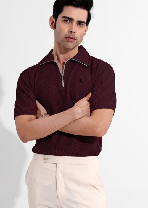 Maroon Textured Zipper Polo
