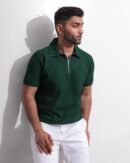 Forest Green Textured Zipper Polo