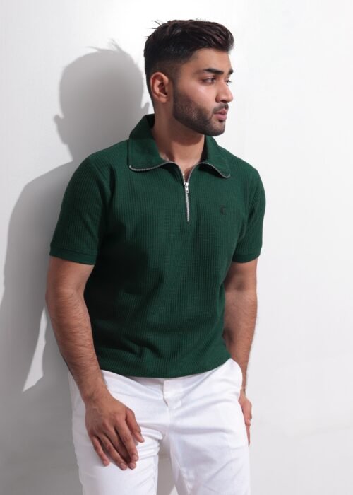Forest Green Textured Zipper Polo