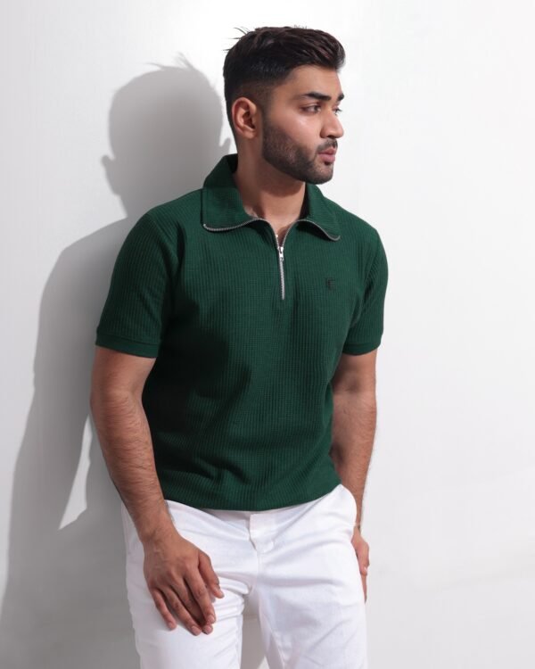 Forest Green Textured Zipper Polo