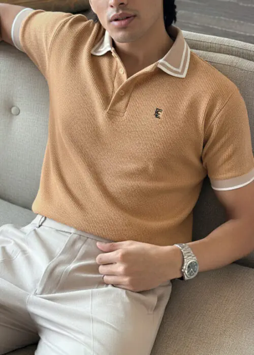 Contrast Polo T-shirts- Beige