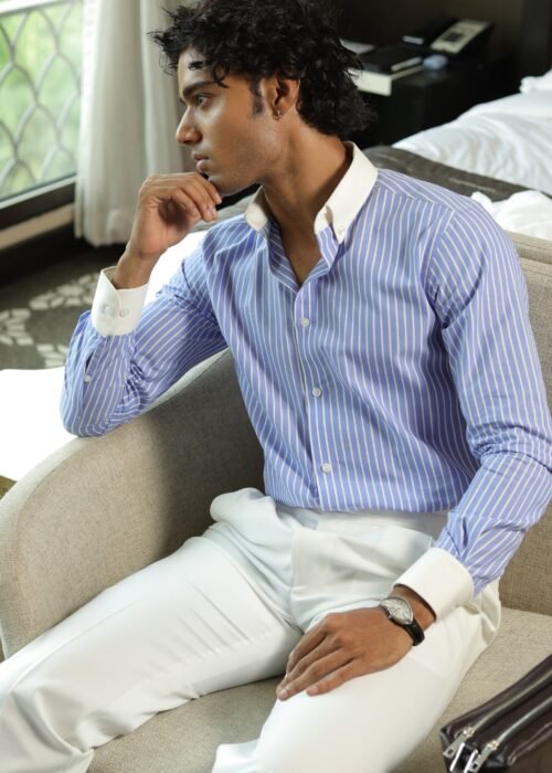 New Sky blue contrast-stripe shirt