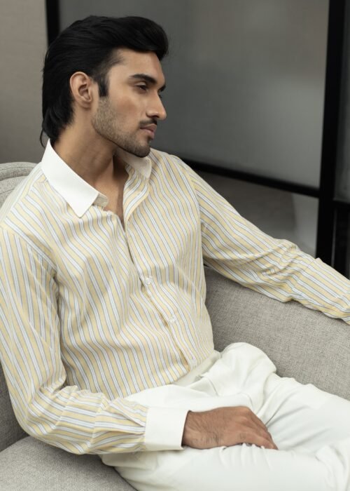 Yellow Contrast-Collar Stripe Shirt