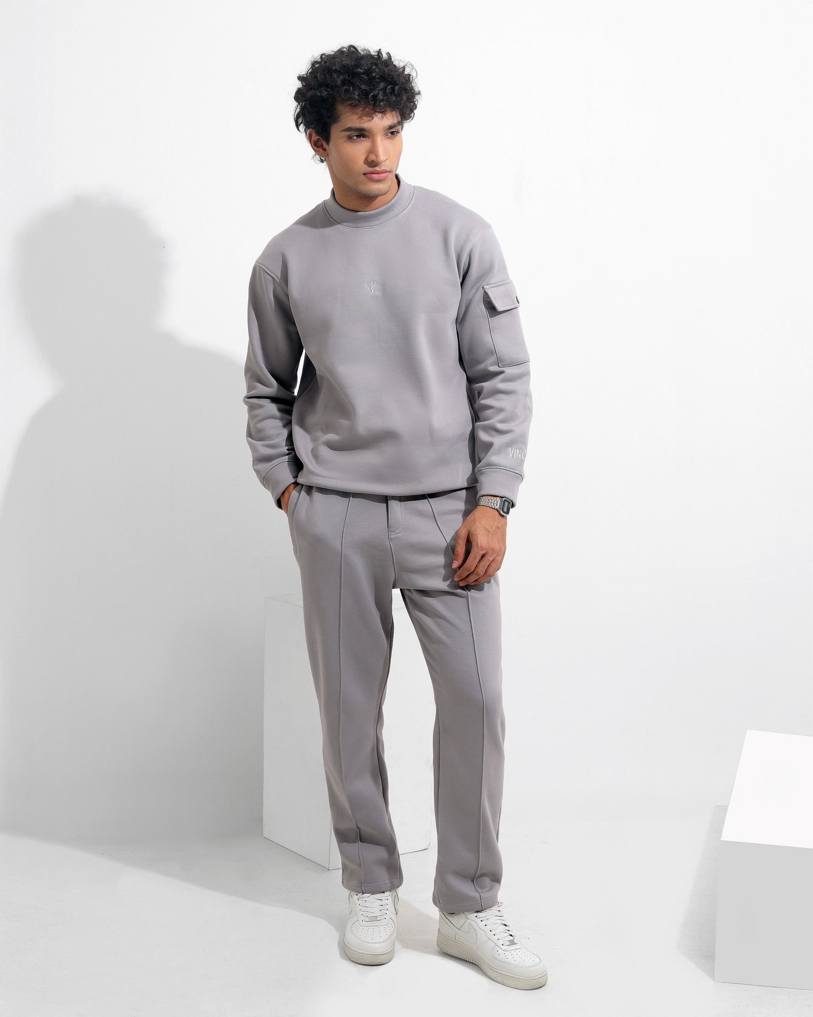 Light gray sweatshirts and joggers