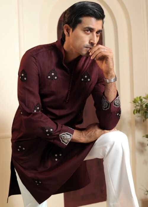 All Over Embroidery Punjabi - Maroon