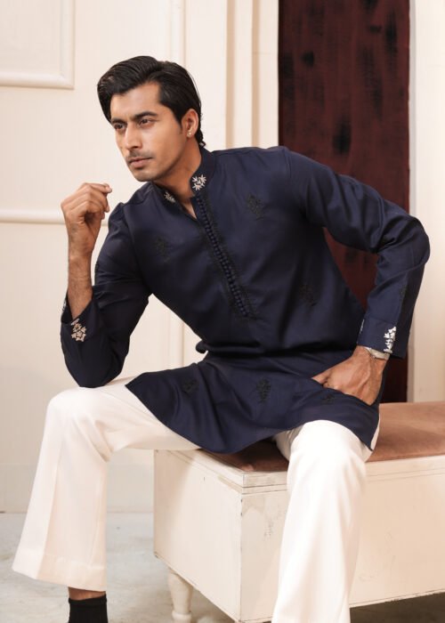 All Over Embroidery Punjabi - Navy Blue