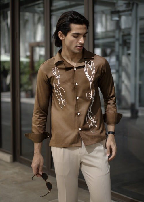 Beige Embroidered Cuban Shirt