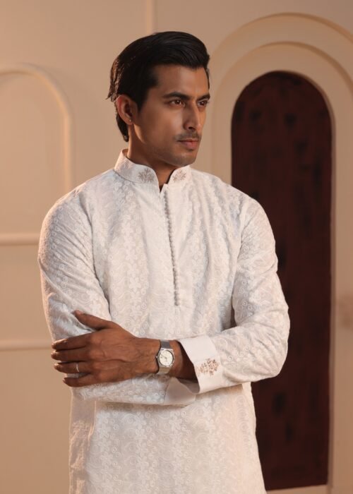 Patterned Chikankari Punjabi - White